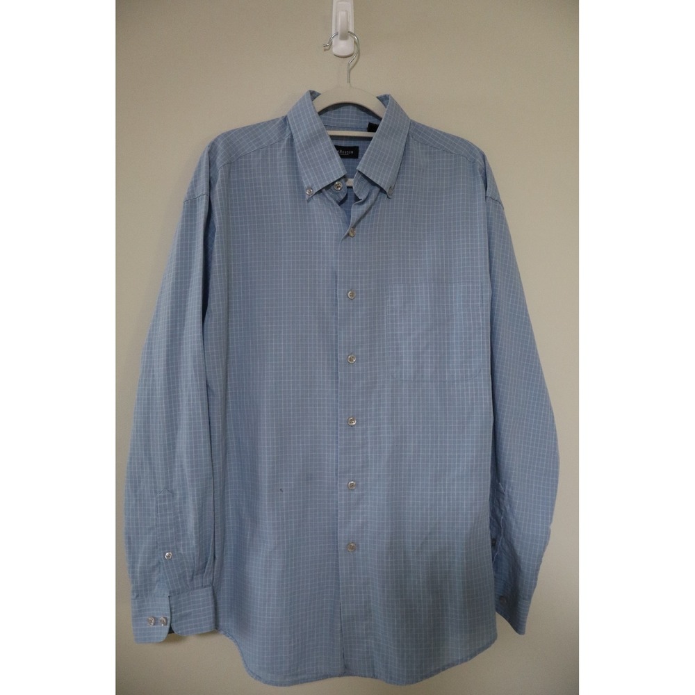 Office Preppy Van Heusen Button Down Shirt M Blue Grid Pattern Long Sleeve